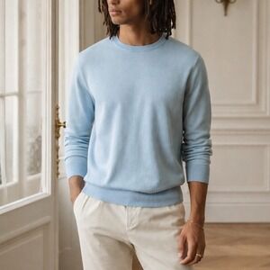 Allude Blue Cotton Cashmere Blend Crewneck Sweater